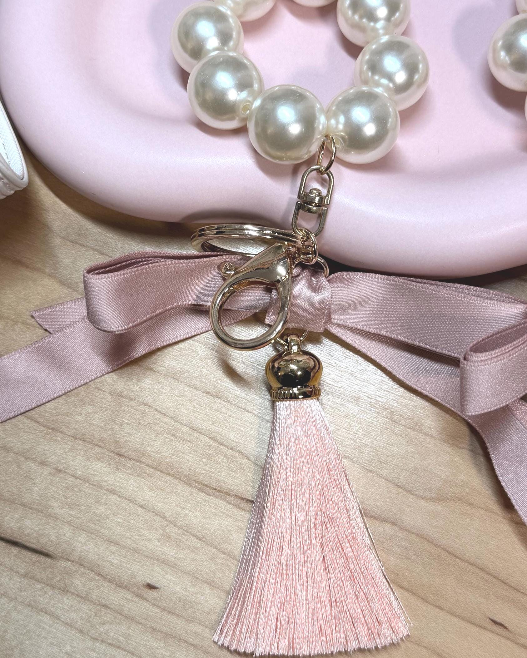 Faux Pearl Bracelet Keychain | Ribbon Tassel Planner Charm