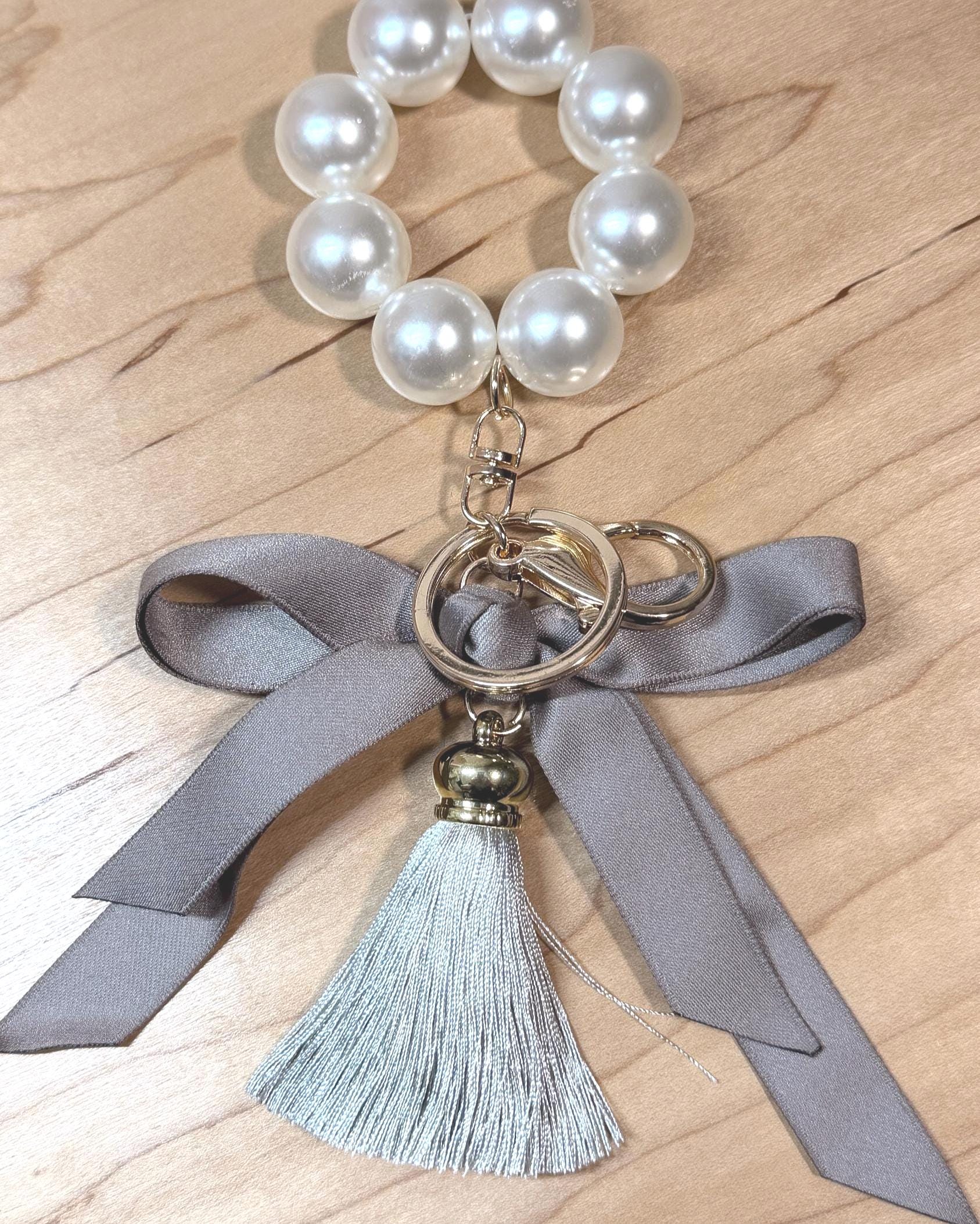 Faux Pearl Bracelet Keychain | Ribbon Tassel Planner Charm