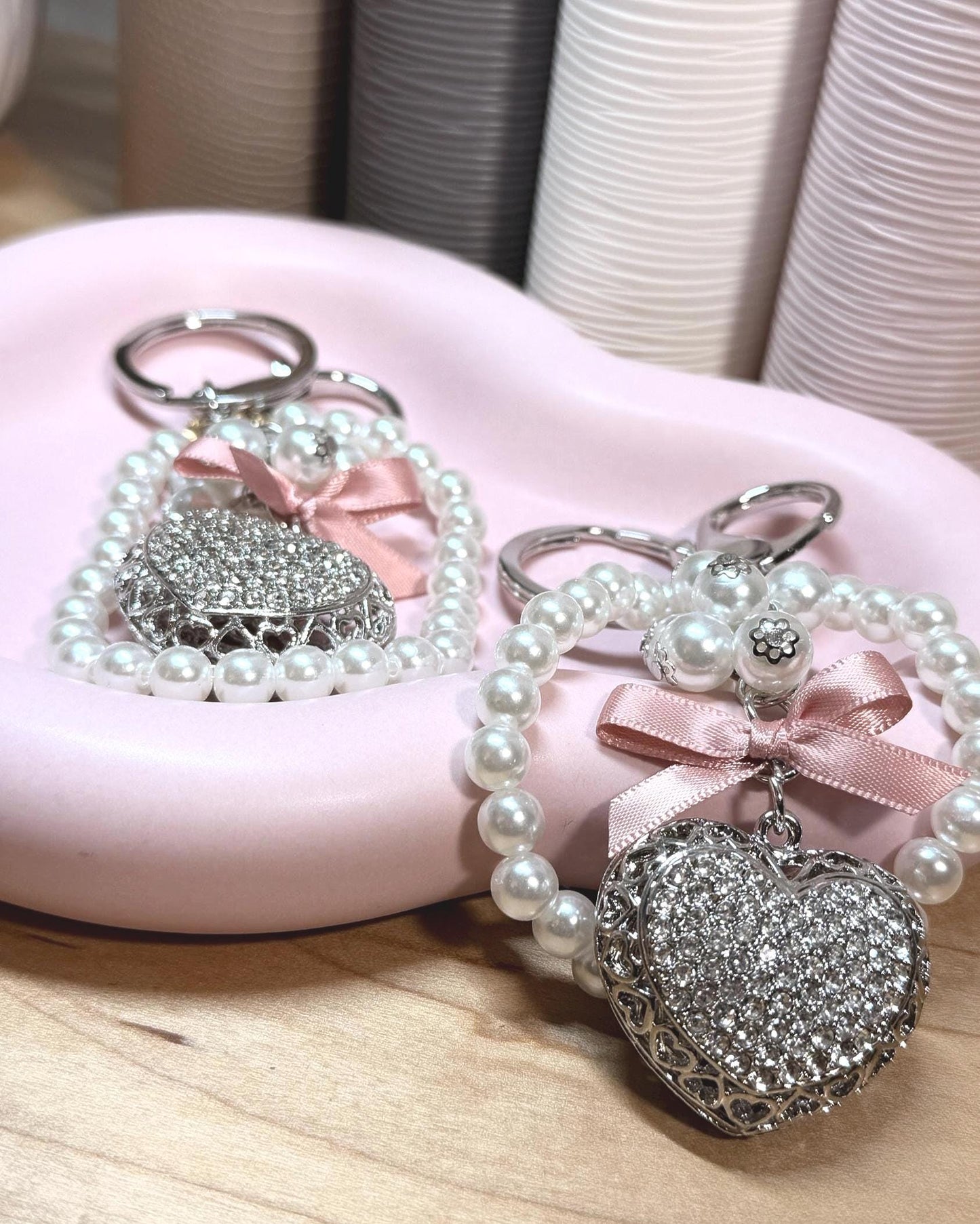 Heart Pendant Keychain | Crystal, Crochet, & Pearl Charm