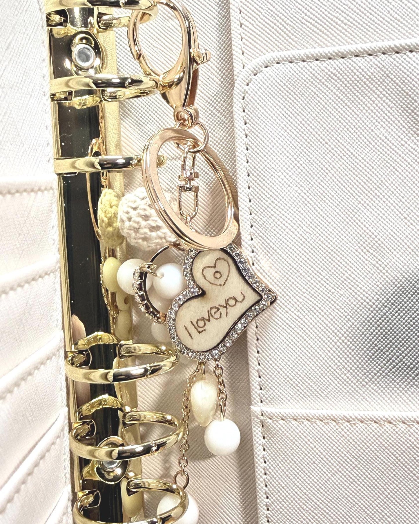 Heart Pendant Keychain | Crystal, Crochet, & Pearl Charm