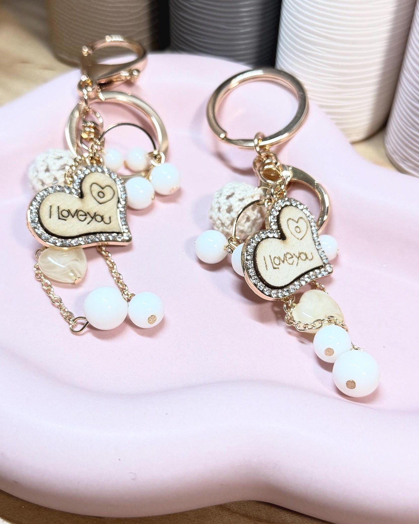Heart Pendant Keychain | Crystal, Crochet, & Pearl Charm