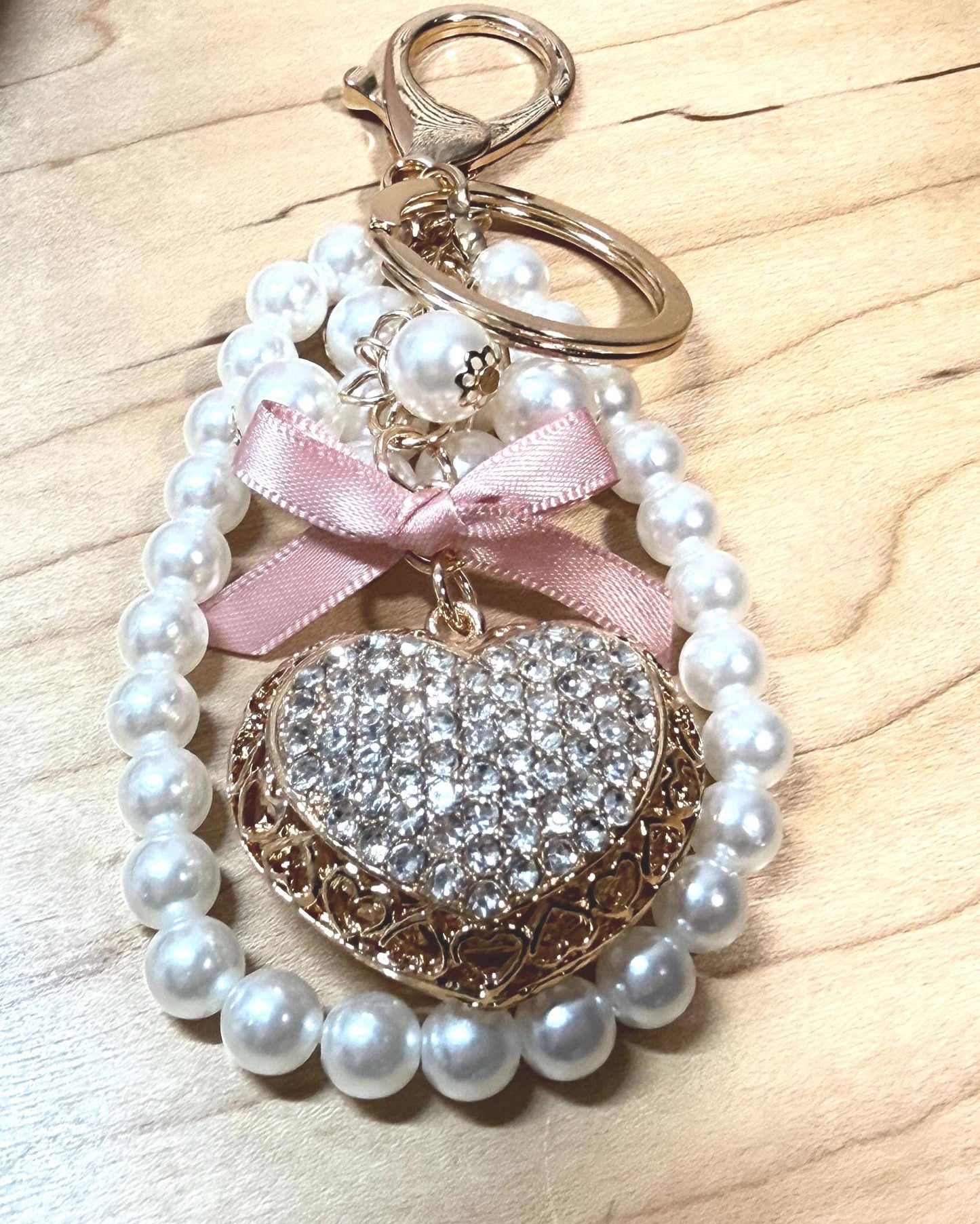 Heart Pendant Keychain | Crystal, Crochet, & Pearl Charm