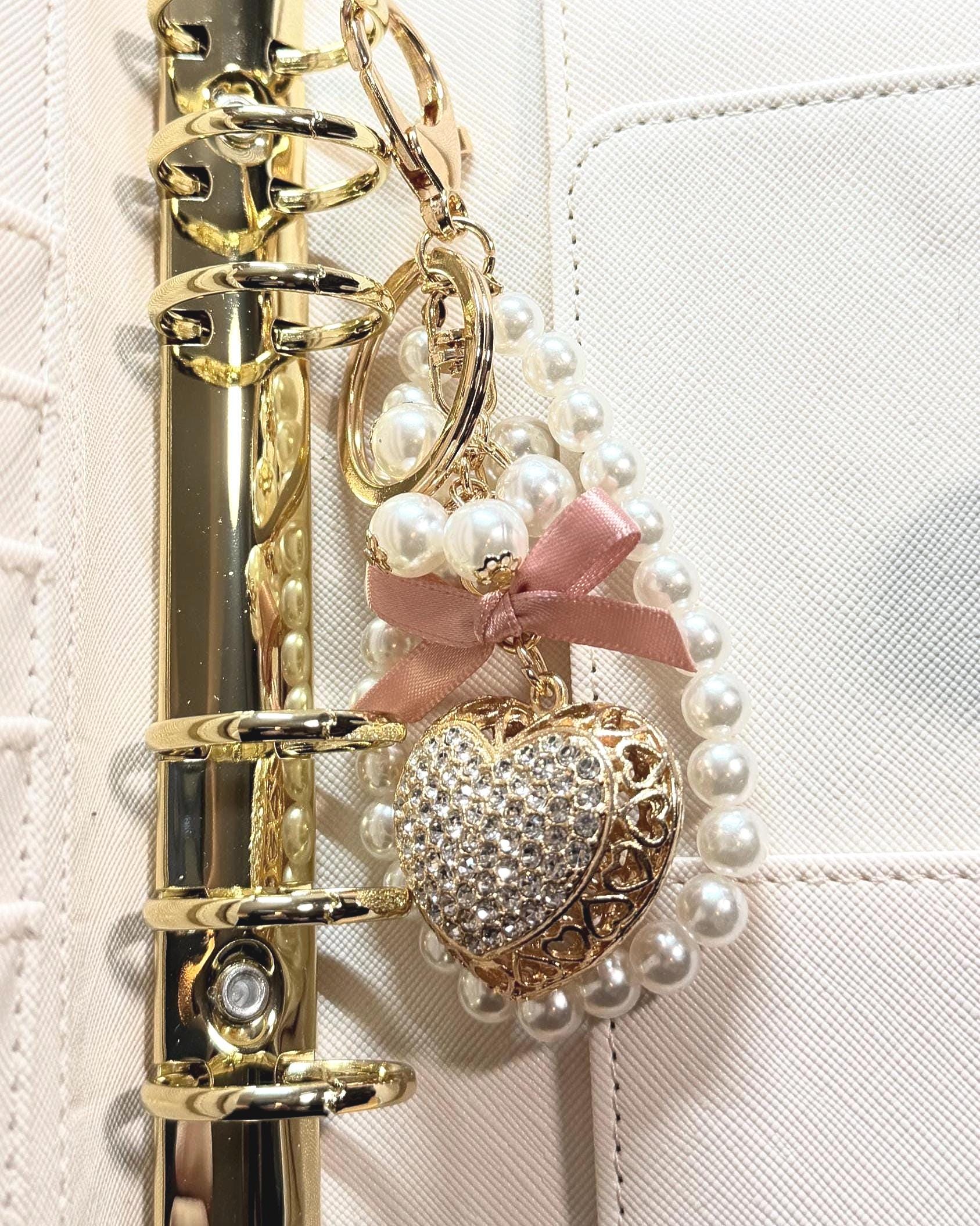 Heart Pendant Keychain | Crystal, Crochet, & Pearl Charm