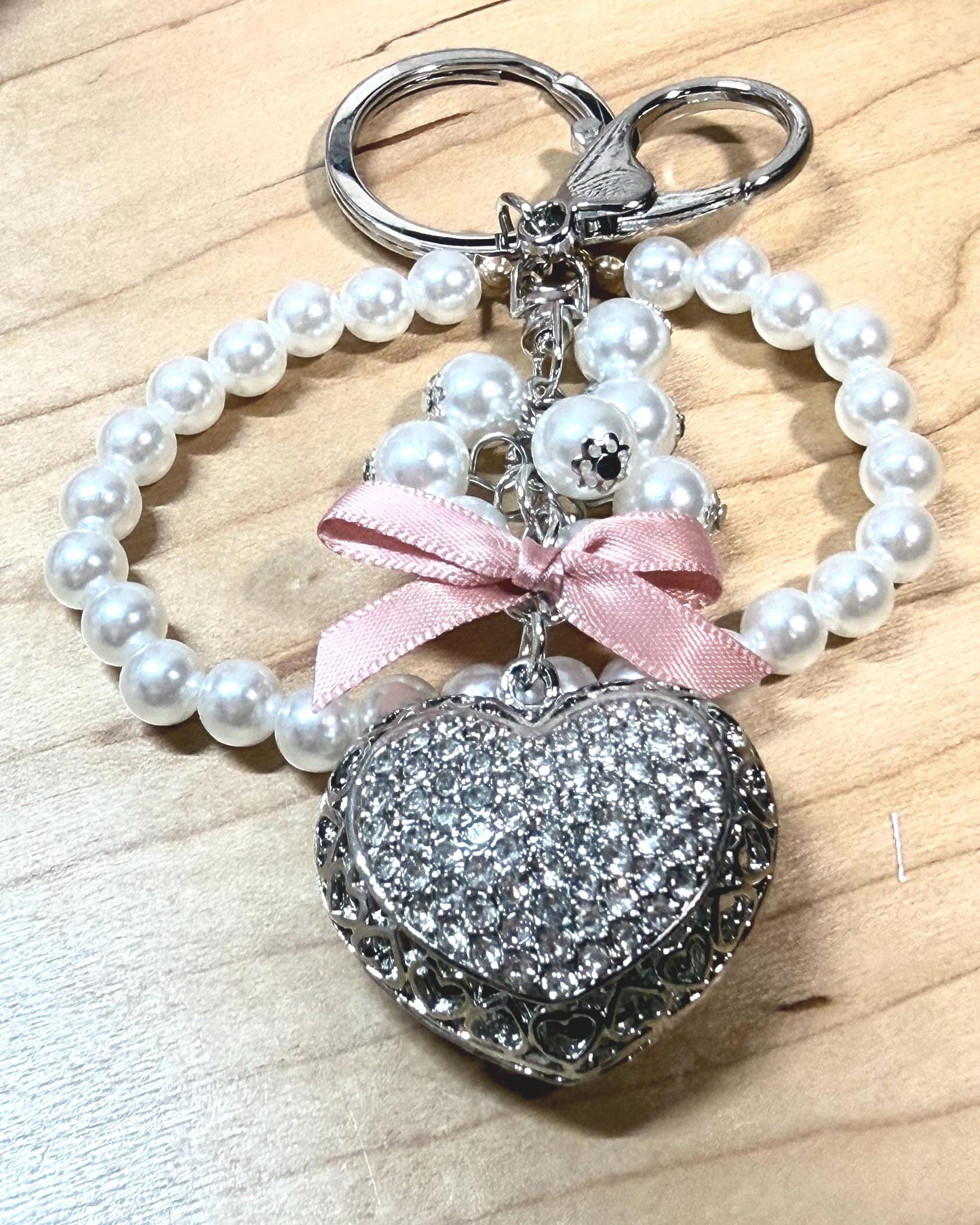 Heart Pendant Keychain | Crystal, Crochet, & Pearl Charm