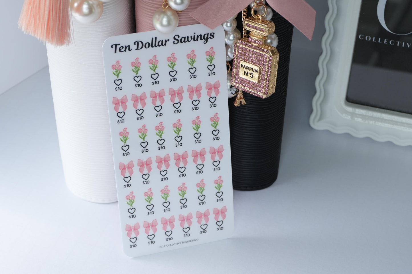 Ten Dollar Savings Challenge | Florals and Bows |Card | Laminated Cash Stuffing Tracker