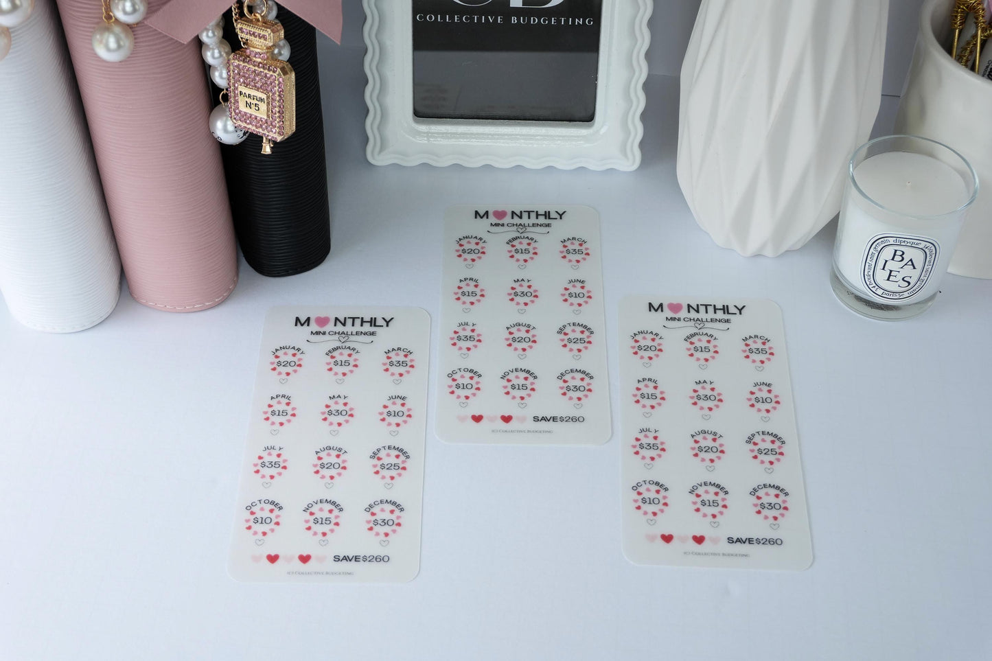 Monthly Mini Challenge Savings Card | Love-Themed Budget Tracker for Binders
