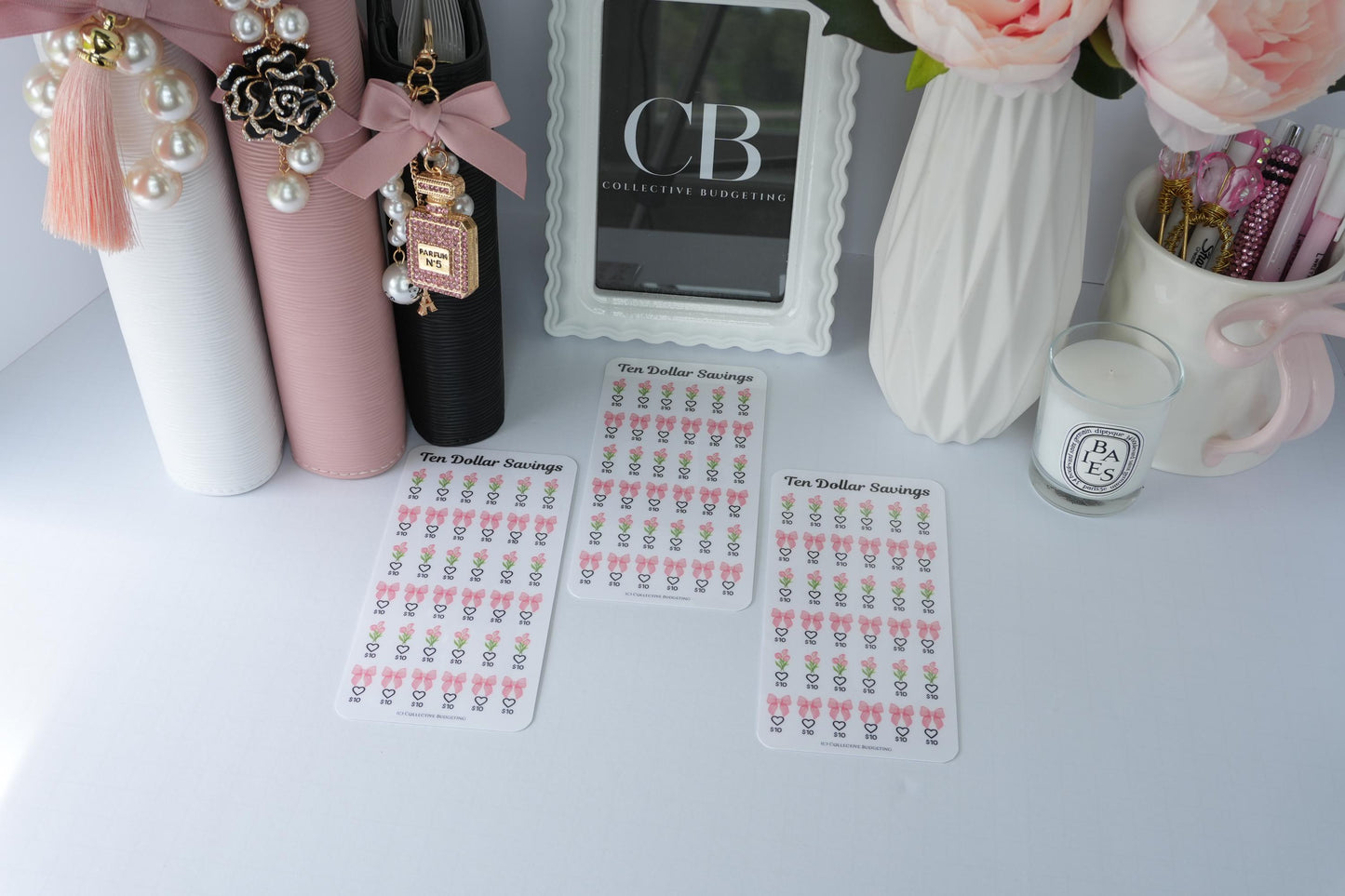 Ten Dollar Savings Challenge | Florals and Bows |Card | Laminated Cash Stuffing Tracker