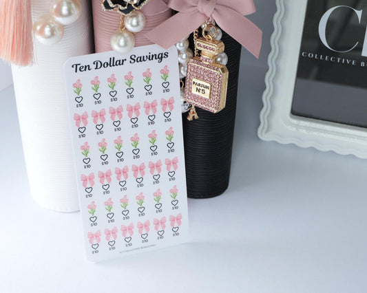 Ten Dollar Savings Challenge | Florals and Bows |Card | Laminated Cash Stuffing Tracker