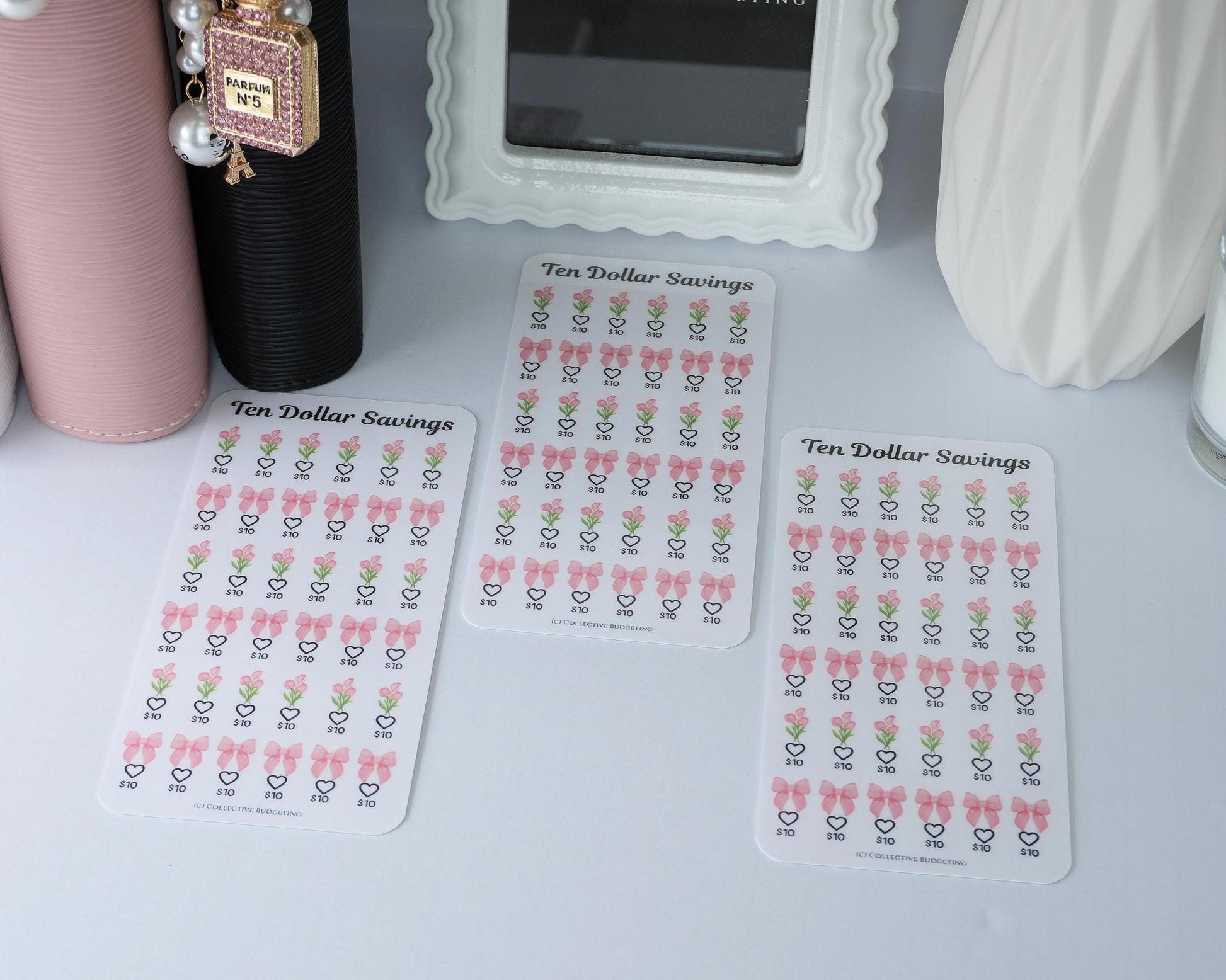 Ten Dollar Savings Challenge | Florals and Bows |Card | Laminated Cash Stuffing Tracker