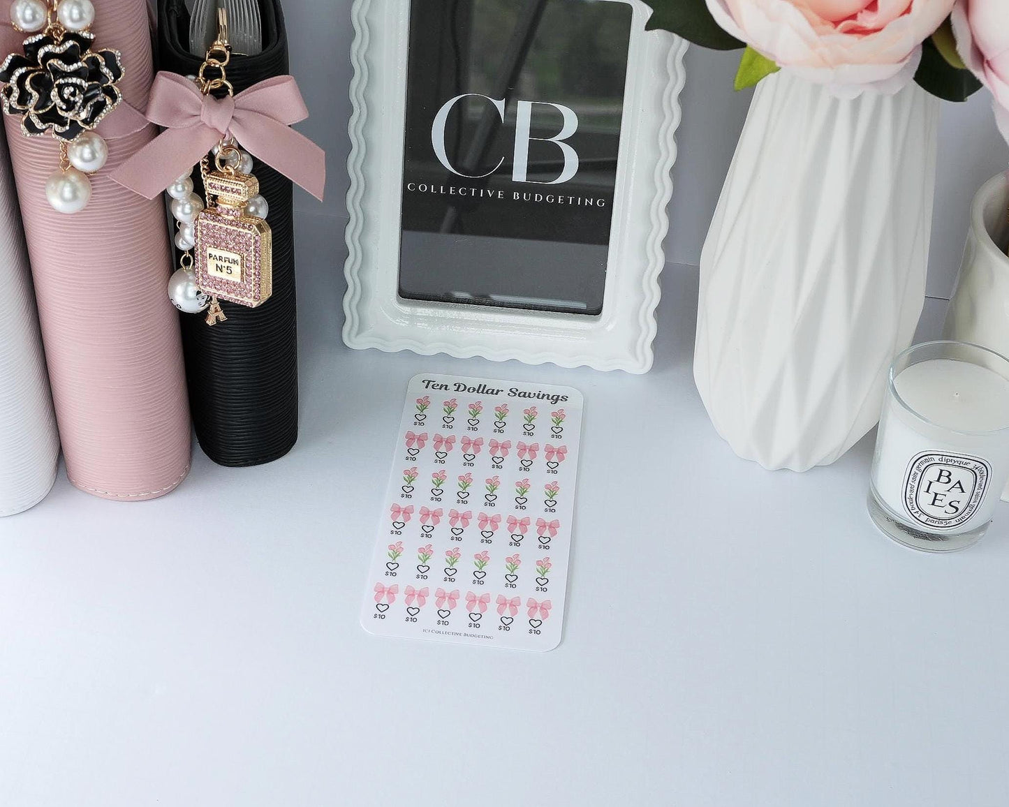 Ten Dollar Savings Challenge | Florals and Bows |Card | Laminated Cash Stuffing Tracker