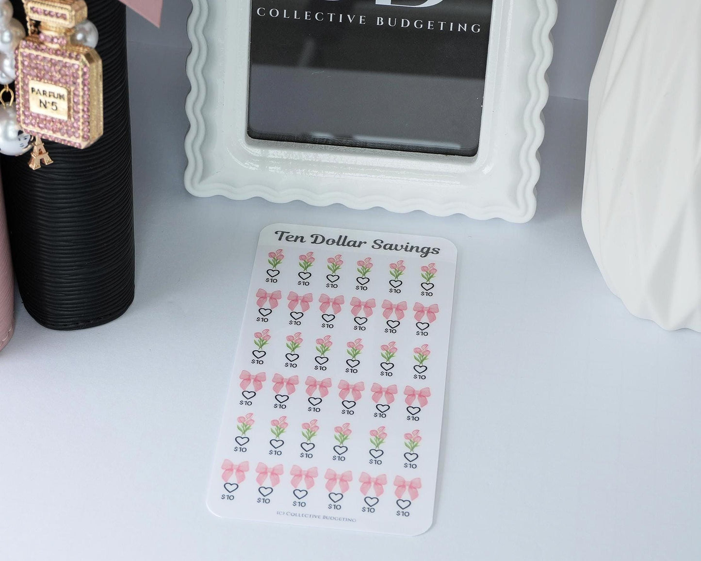 Ten Dollar Savings Challenge | Florals and Bows |Card | Laminated Cash Stuffing Tracker