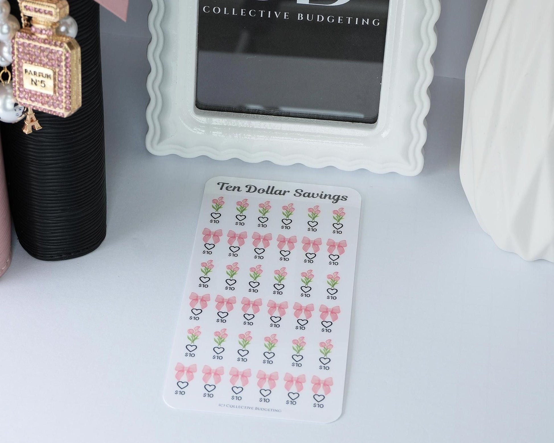 Ten Dollar Savings Challenge | Florals and Bows |Card | Laminated Cash Stuffing Tracker