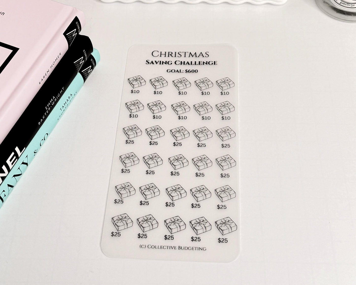 Christmas Packages Savings Challenge: Laminated Vellum Cash Tracker for Budgeting