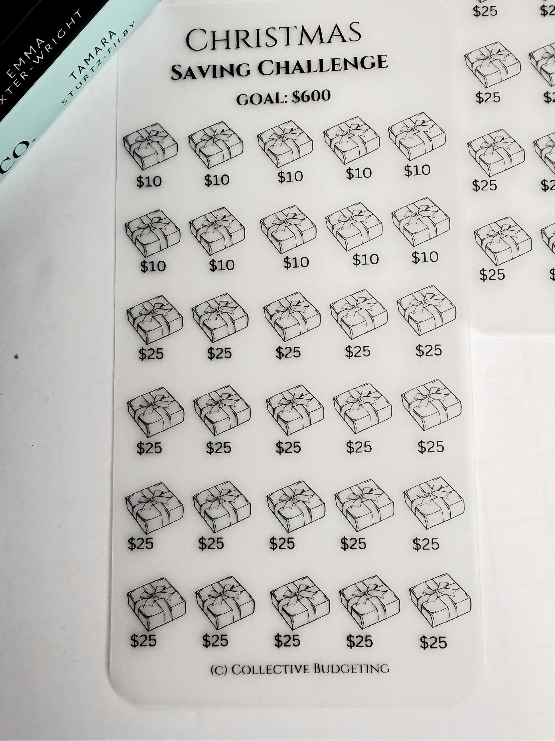 Christmas Packages Savings Challenge: Laminated Vellum Cash Tracker for Budgeting