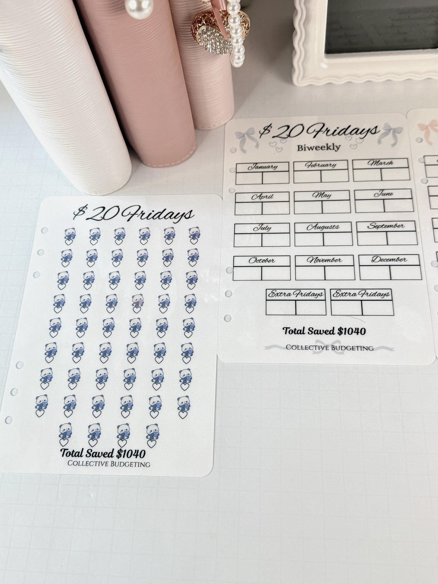 Twenty Dollar Fridays Savings Challenge | Laminated Cash Stuffing Tracker | Panda Bears Pink or Purple