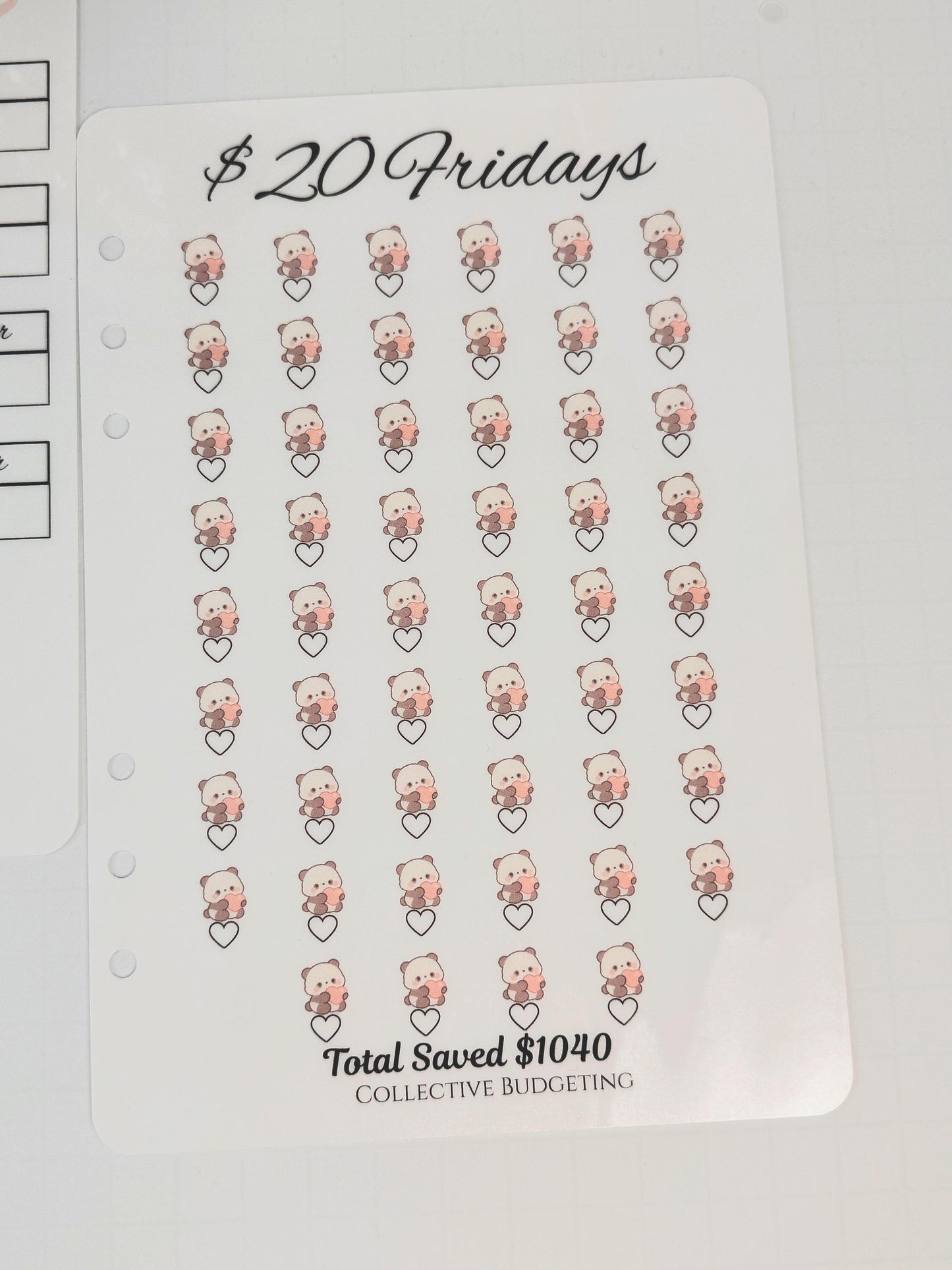 Twenty Dollar Fridays Savings Challenge | Laminated Cash Stuffing Tracker | Panda Bears Pink or Purple