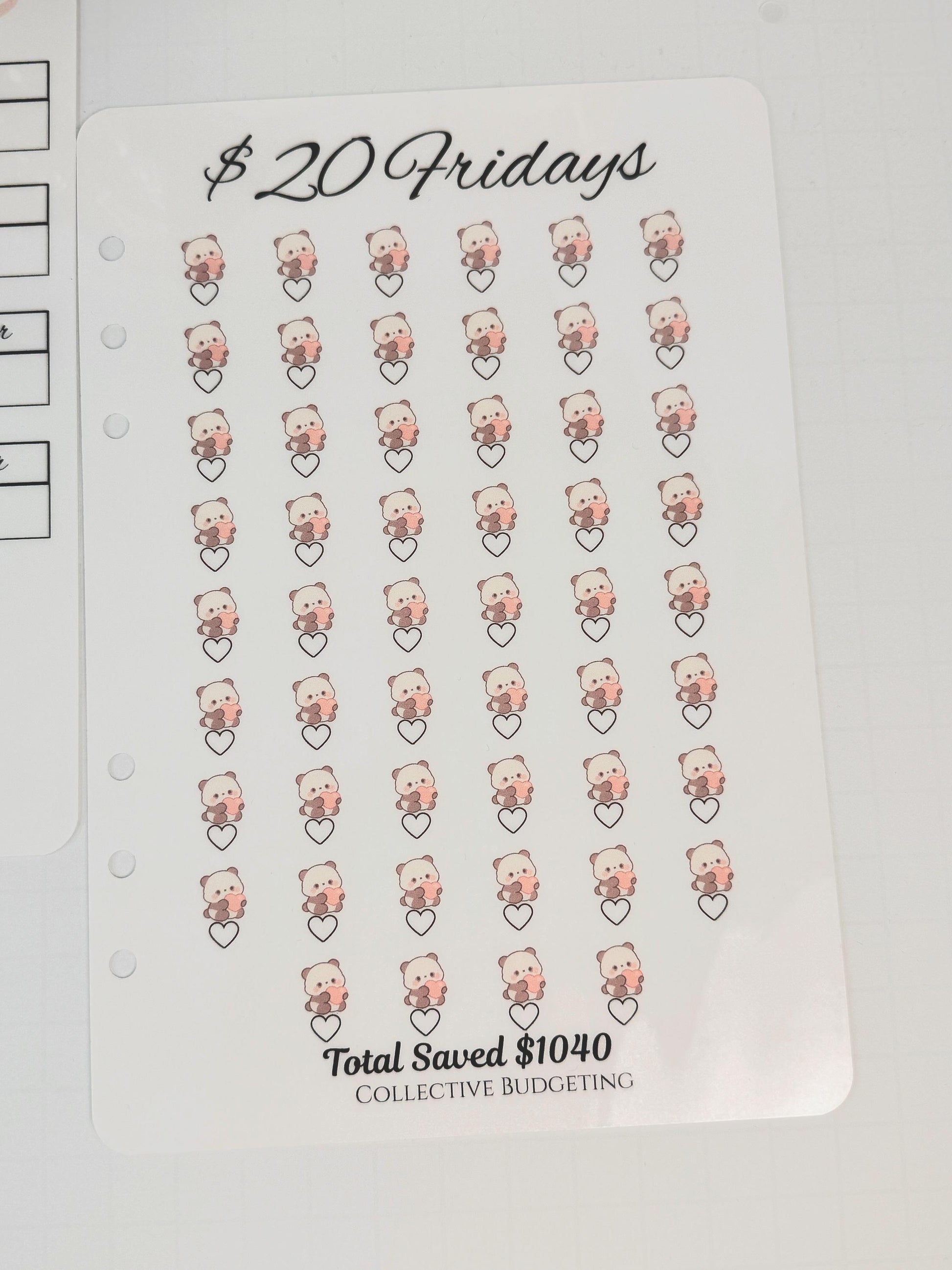 Twenty Dollar Fridays Savings Challenge | Laminated Cash Stuffing Tracker | Panda Bears Pink or Purple