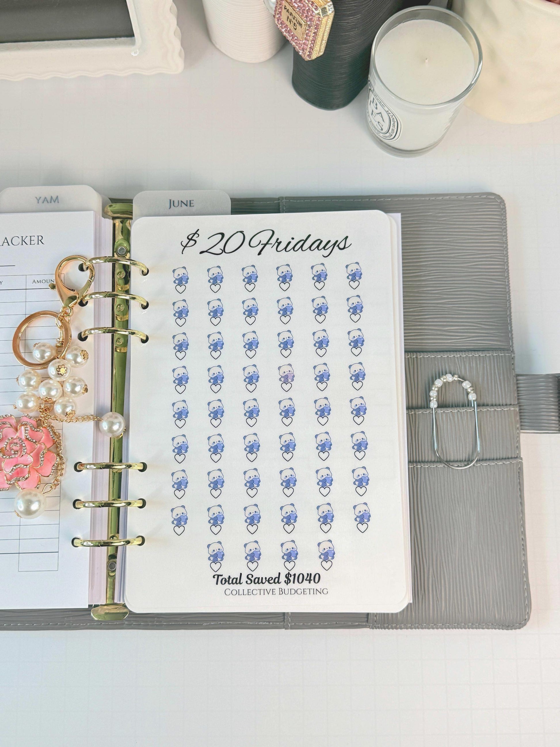 Twenty Dollar Fridays Savings Challenge | Laminated Cash Stuffing Tracker | Panda Bears Pink or Purple