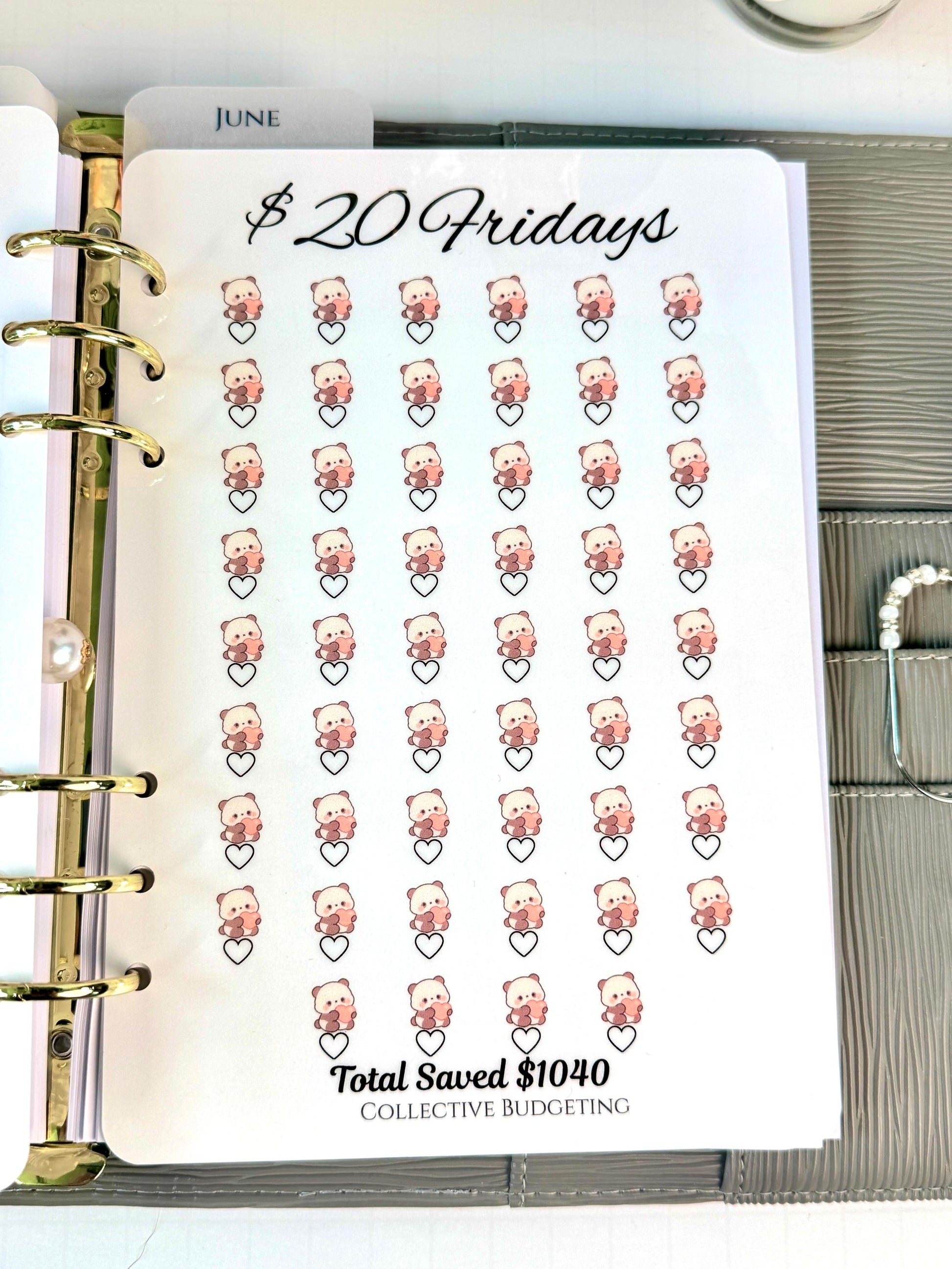 Twenty Dollar Fridays Savings Challenge | Laminated Cash Stuffing Tracker | Panda Bears Pink or Purple