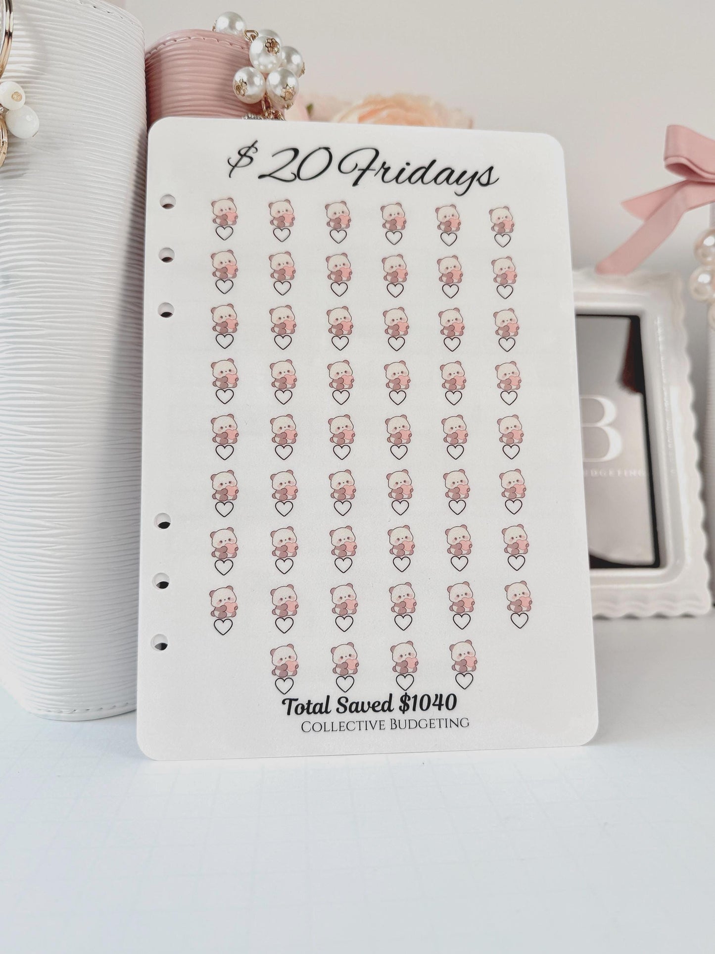 Twenty Dollar Fridays Savings Challenge | Laminated Cash Stuffing Tracker | Panda Bears Pink or Purple