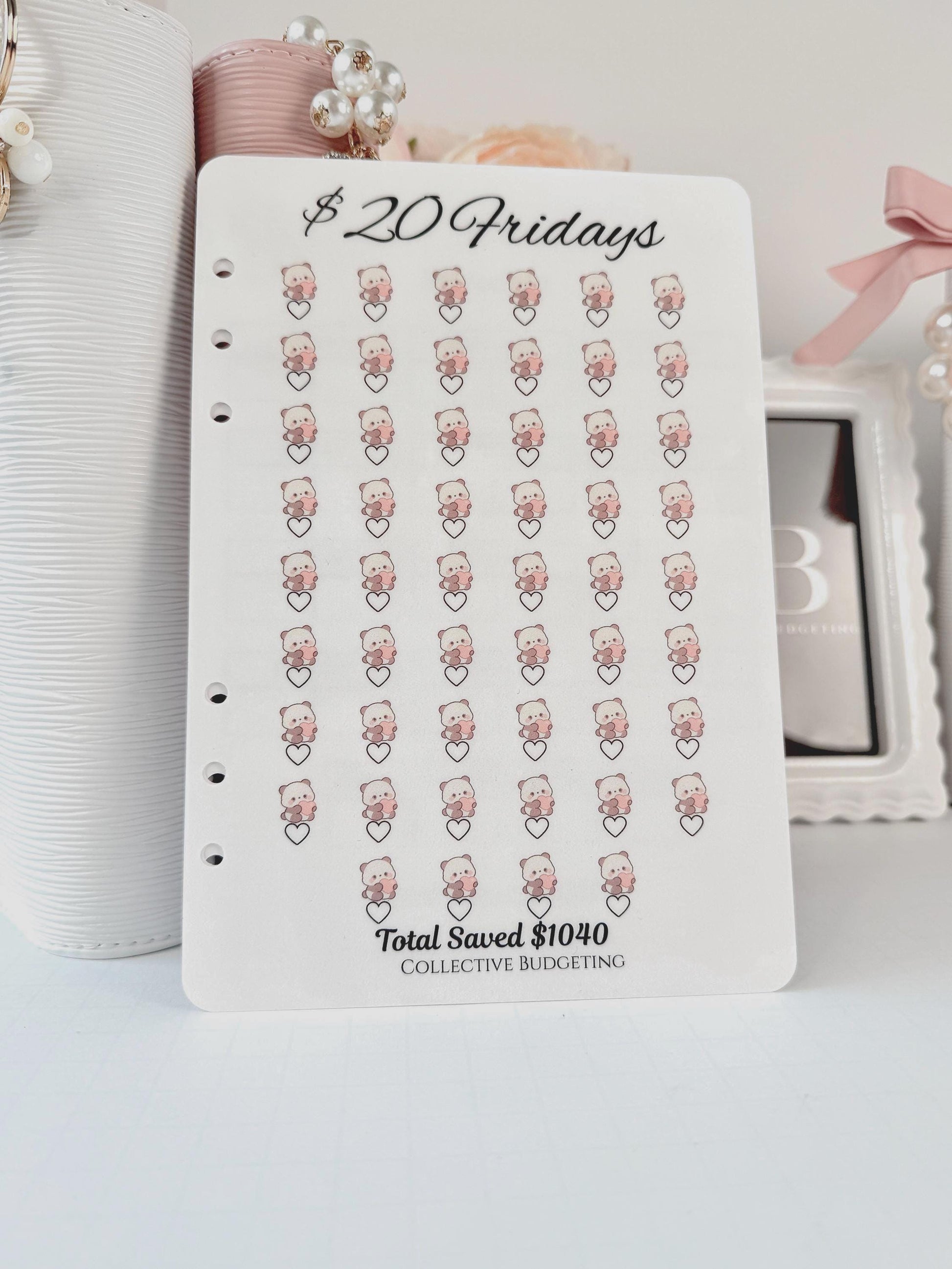 Twenty Dollar Fridays Savings Challenge | Laminated Cash Stuffing Tracker | Panda Bears Pink or Purple