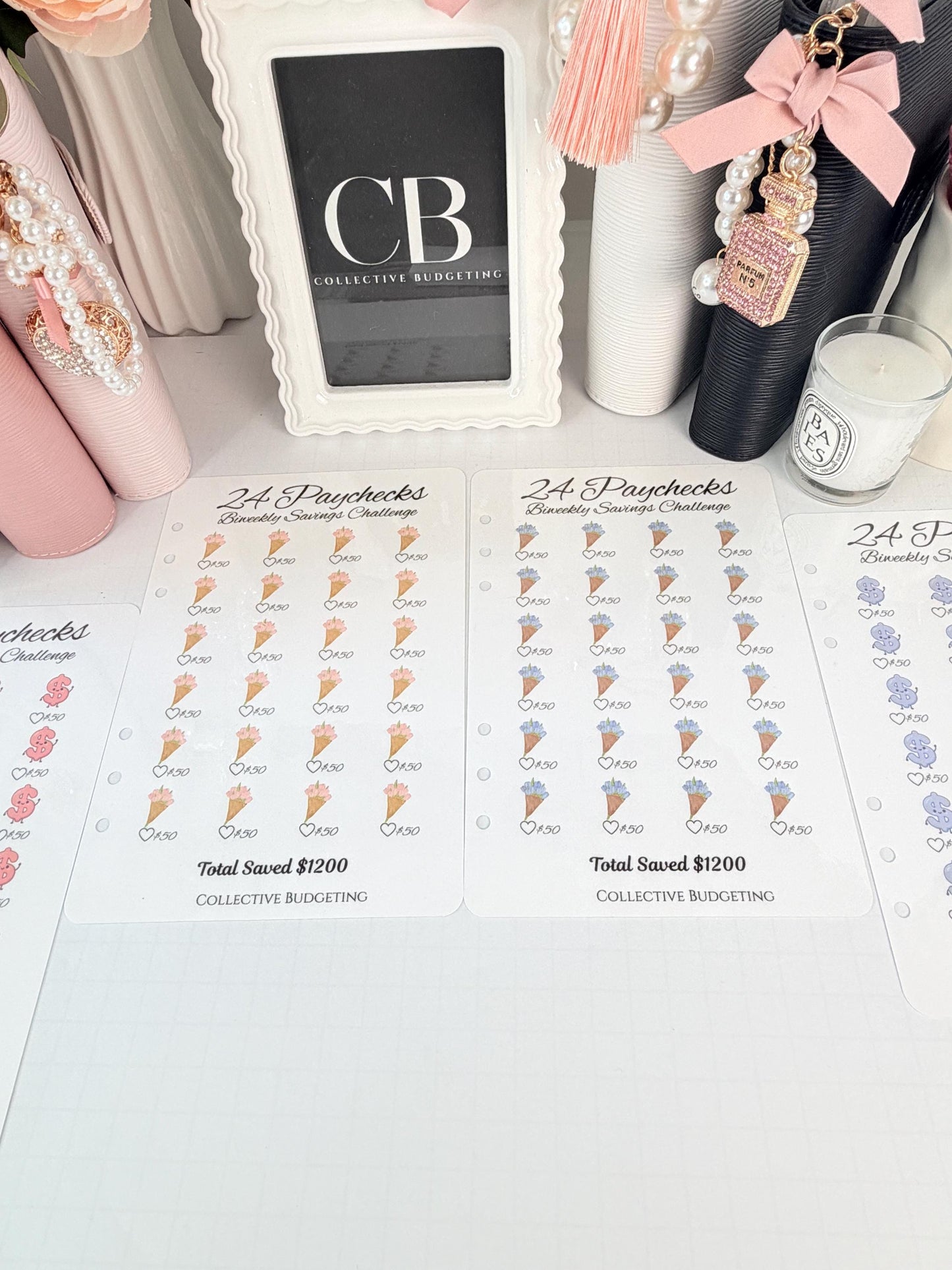 Twenty Four Paychecks BiWeekly Savings Challenge | Laminated Cash Stuffing Tracker | Pink or Purple