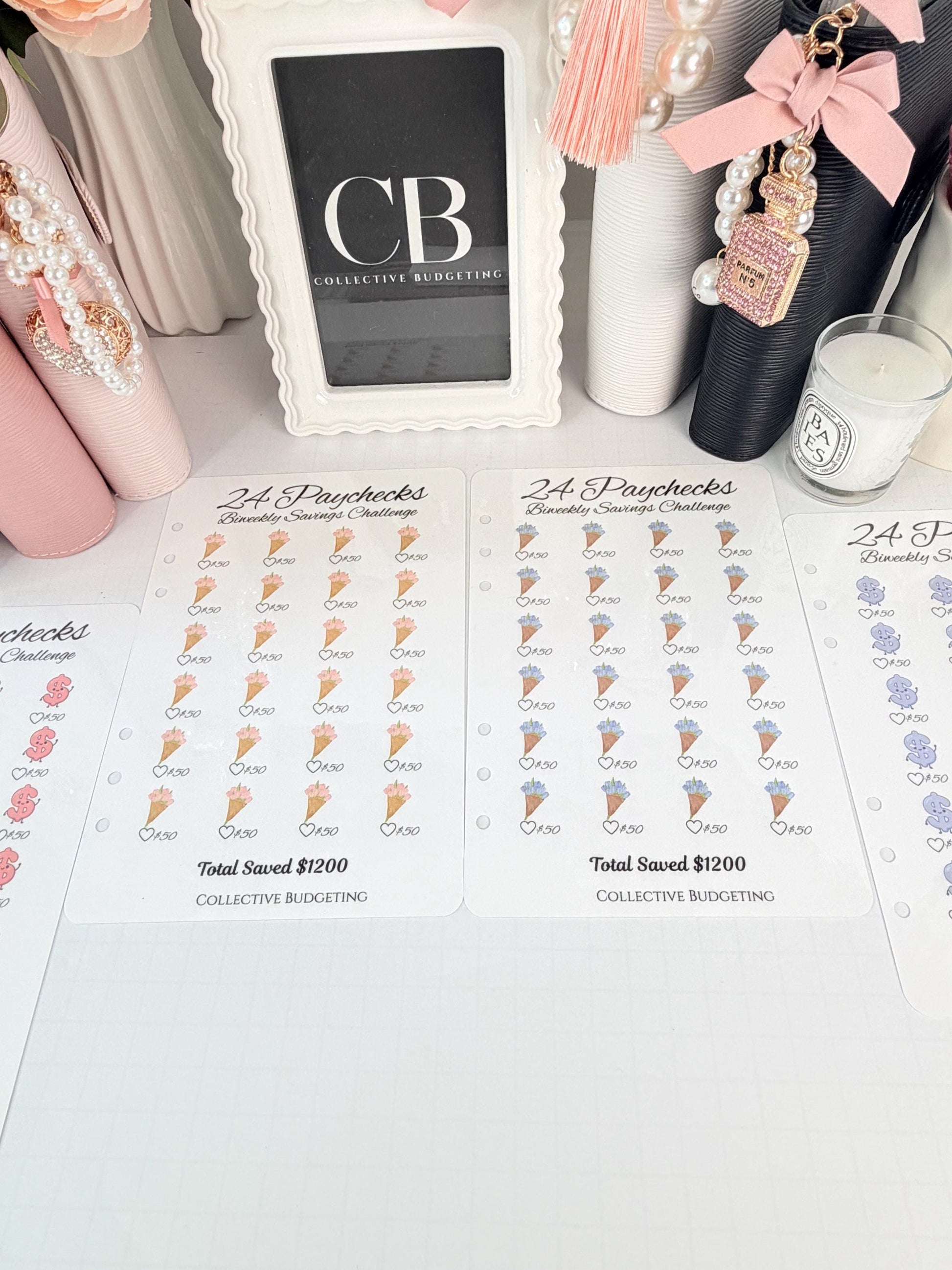 Twenty Four Paychecks BiWeekly Savings Challenge | Laminated Cash Stuffing Tracker | Pink or Purple