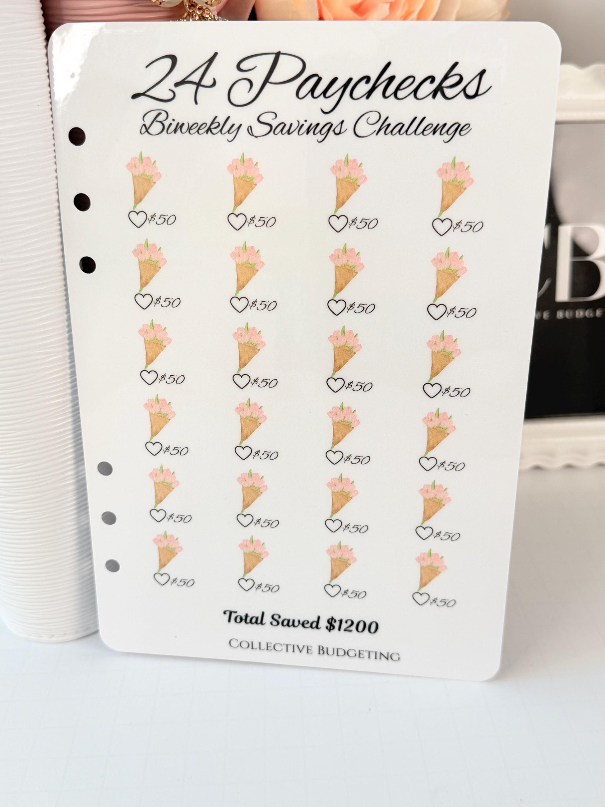 Twenty Four Paychecks BiWeekly Savings Challenge | Laminated Cash Stuffing Tracker | Pink or Purple