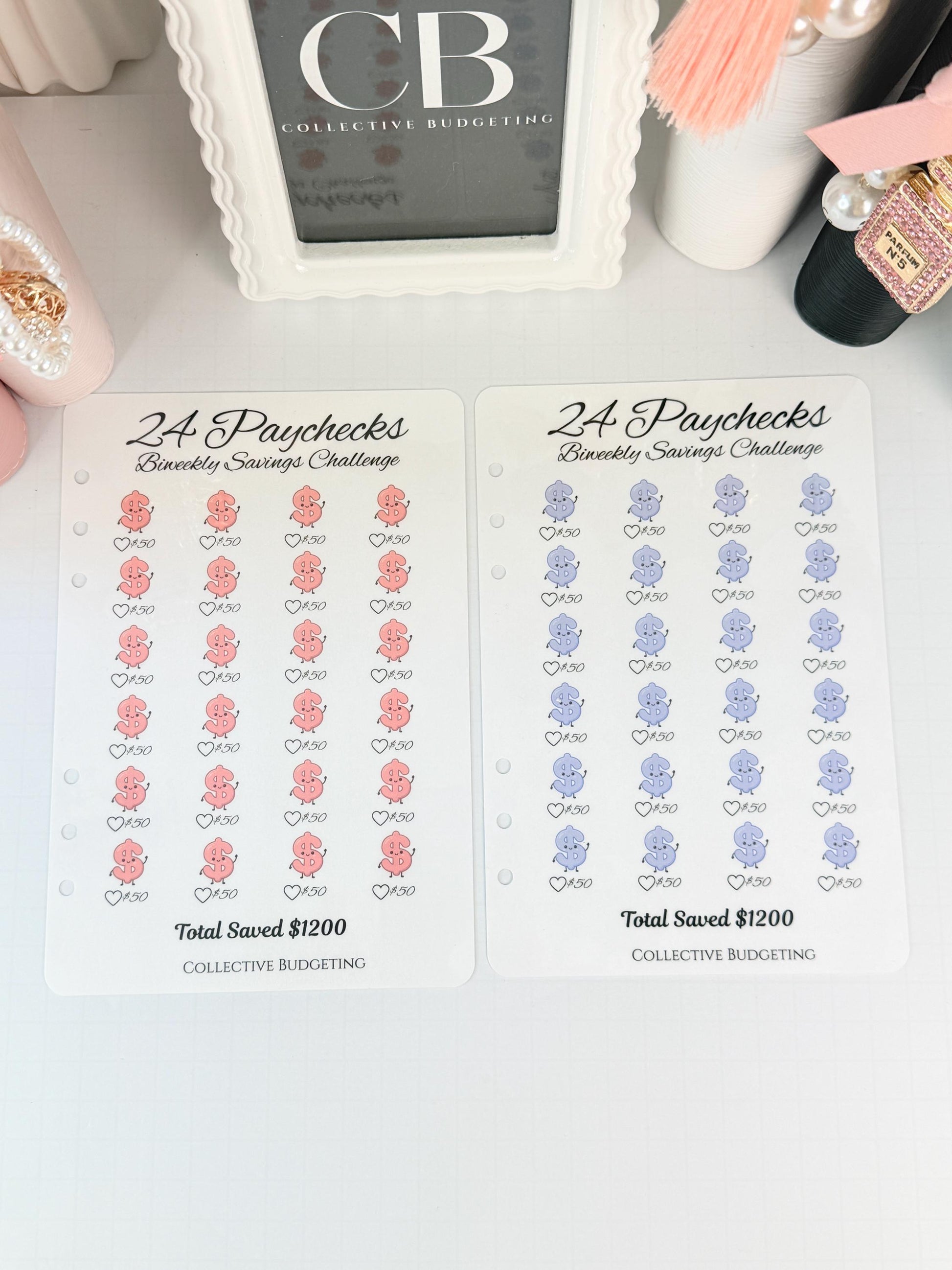 Twenty Four Paychecks BiWeekly Savings Challenge | Laminated Cash Stuffing Tracker | Pink or Purple