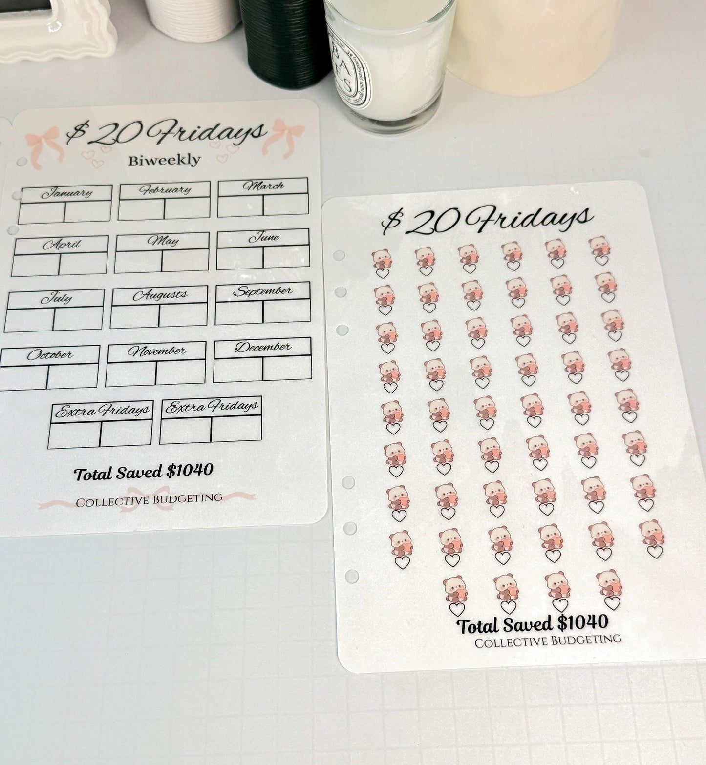 Twenty Dollar Fridays Savings Challenge | Laminated Cash Stuffing Tracker | Panda Bears Pink or Purple