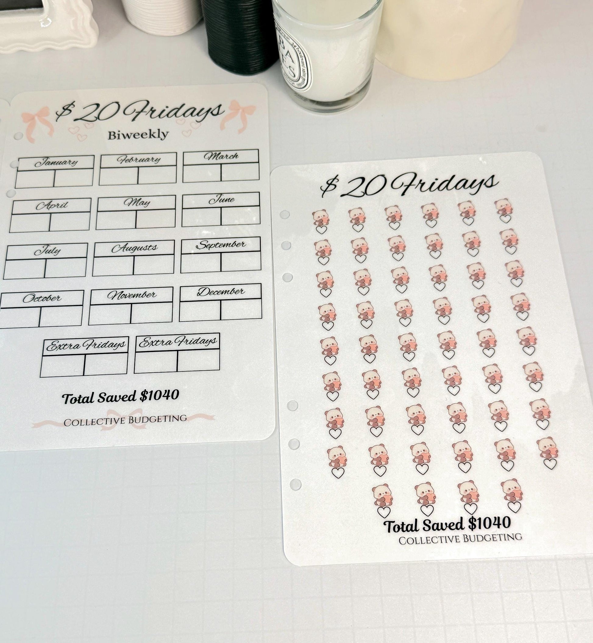 Twenty Dollar Fridays Savings Challenge | Laminated Cash Stuffing Tracker | Panda Bears Pink or Purple