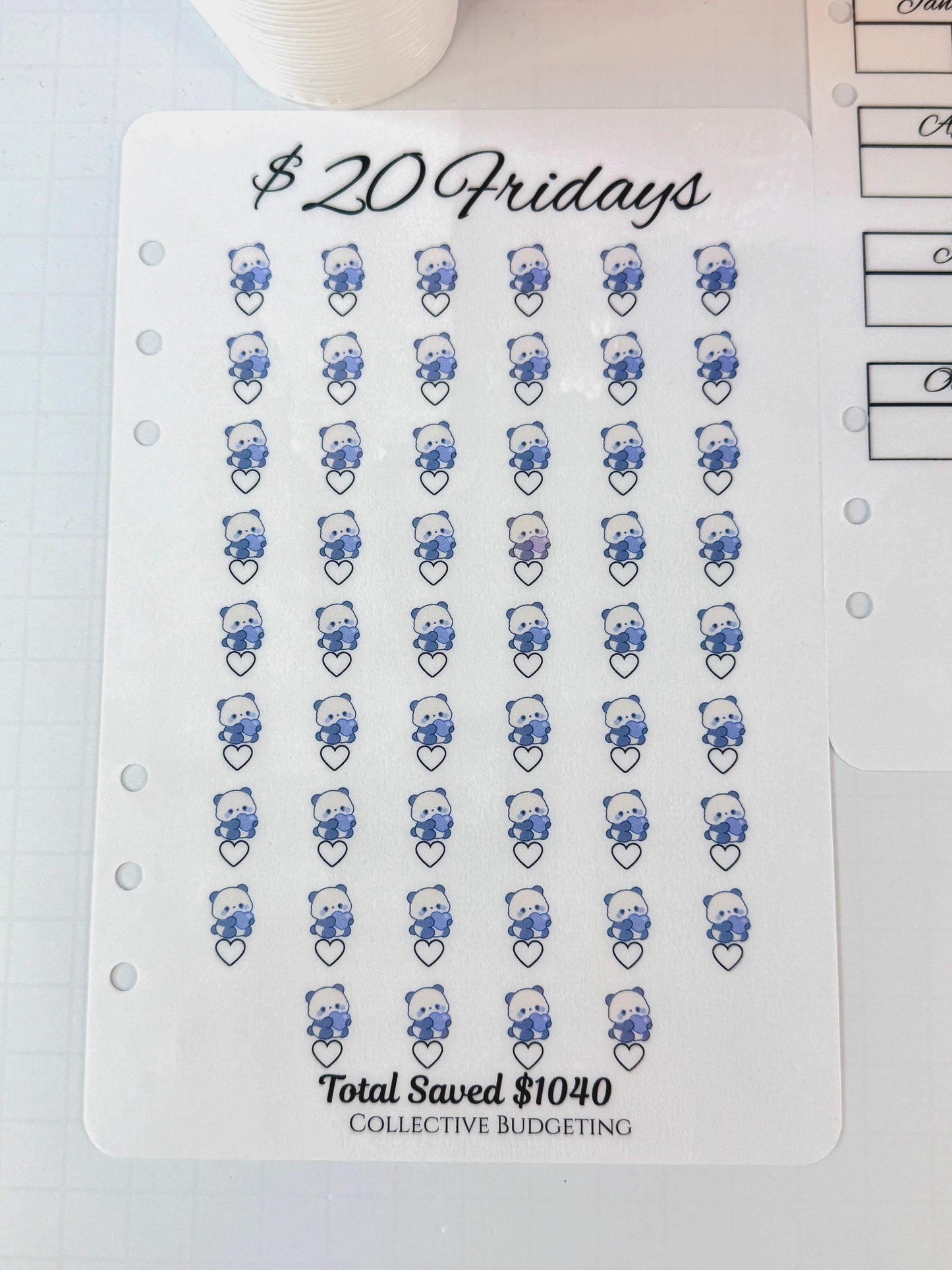 Twenty Dollar Fridays Savings Challenge | Laminated Cash Stuffing Tracker | Panda Bears Pink or Purple