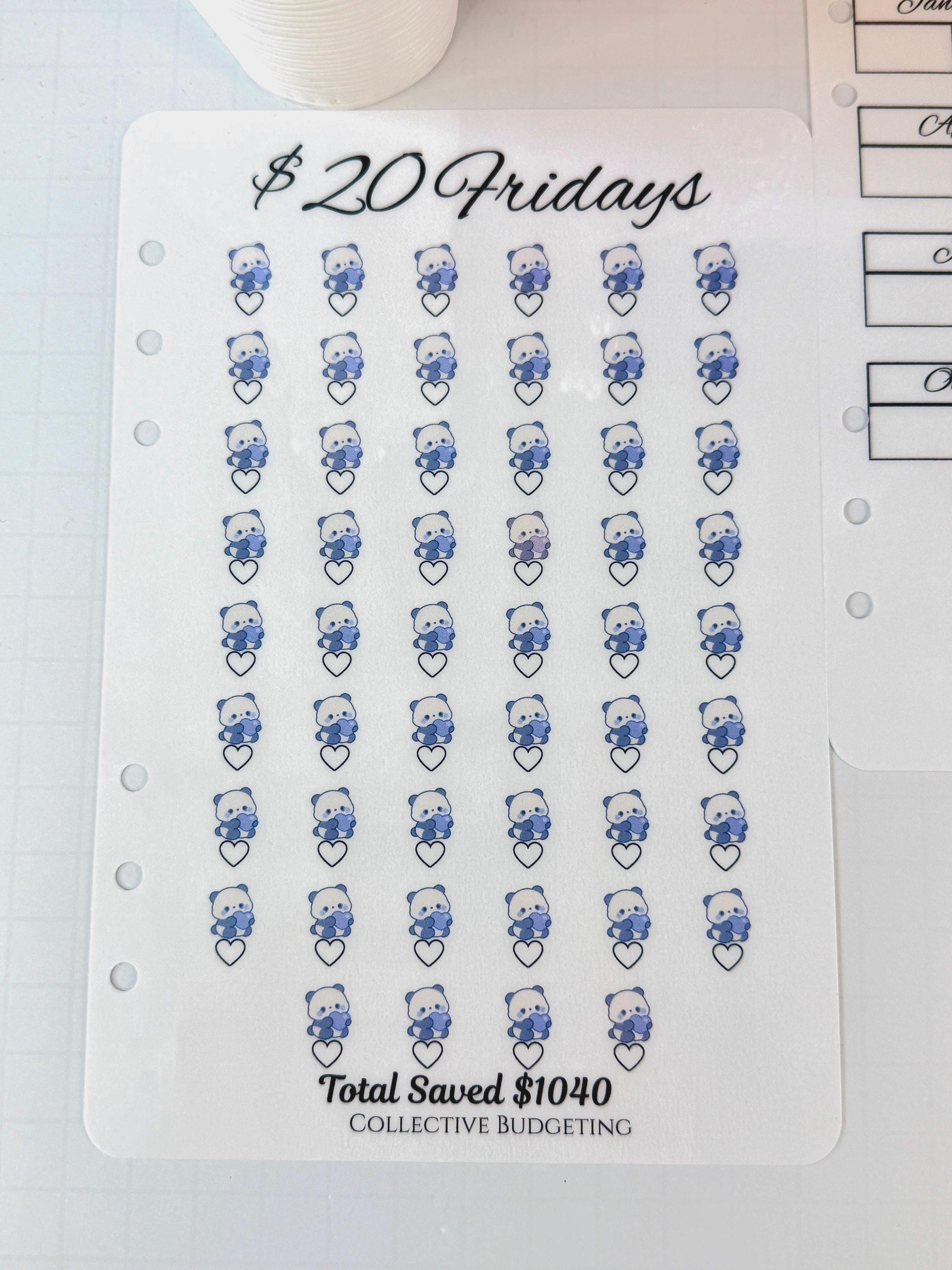 Twenty Dollar Fridays Savings Challenge | Laminated Cash Stuffing Tracker | Panda Bears Pink or Purple