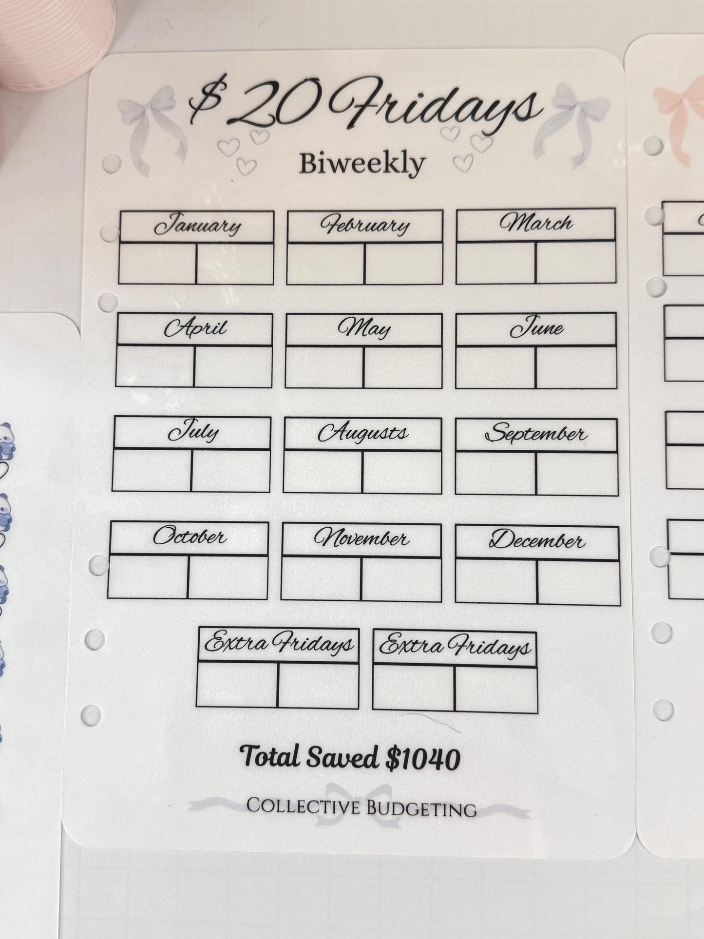 Twenty Dollar Fridays Savings Challenge | Laminated Cash Stuffing Tracker | Panda Bears Pink or Purple