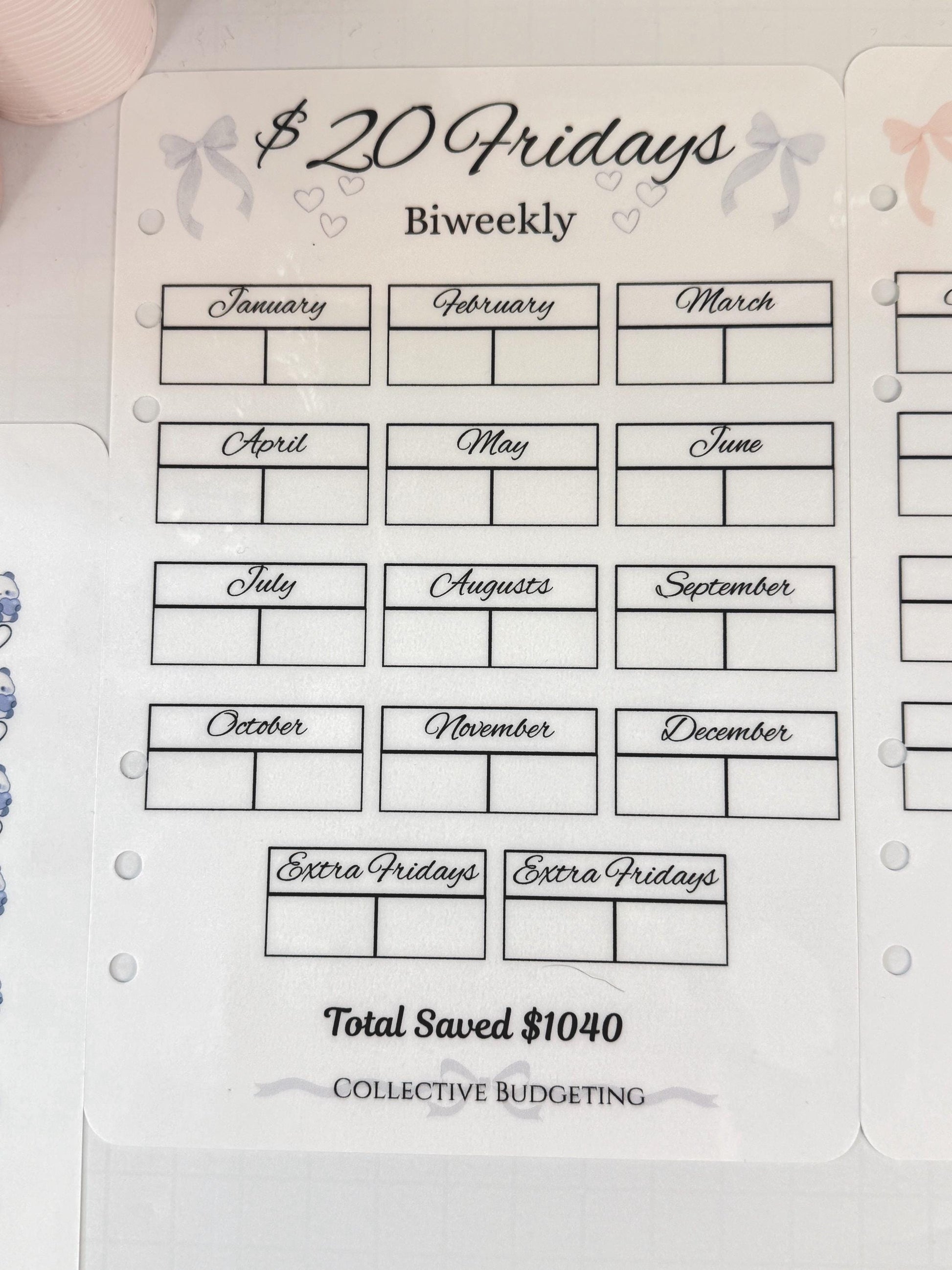 Twenty Dollar Fridays Savings Challenge | Laminated Cash Stuffing Tracker | Panda Bears Pink or Purple