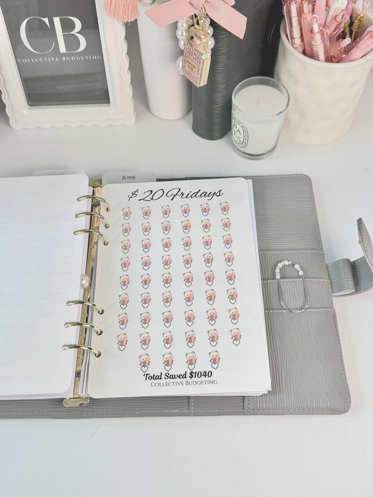 Twenty Dollar Fridays Savings Challenge | Laminated Cash Stuffing Tracker | Panda Bears Pink or Purple