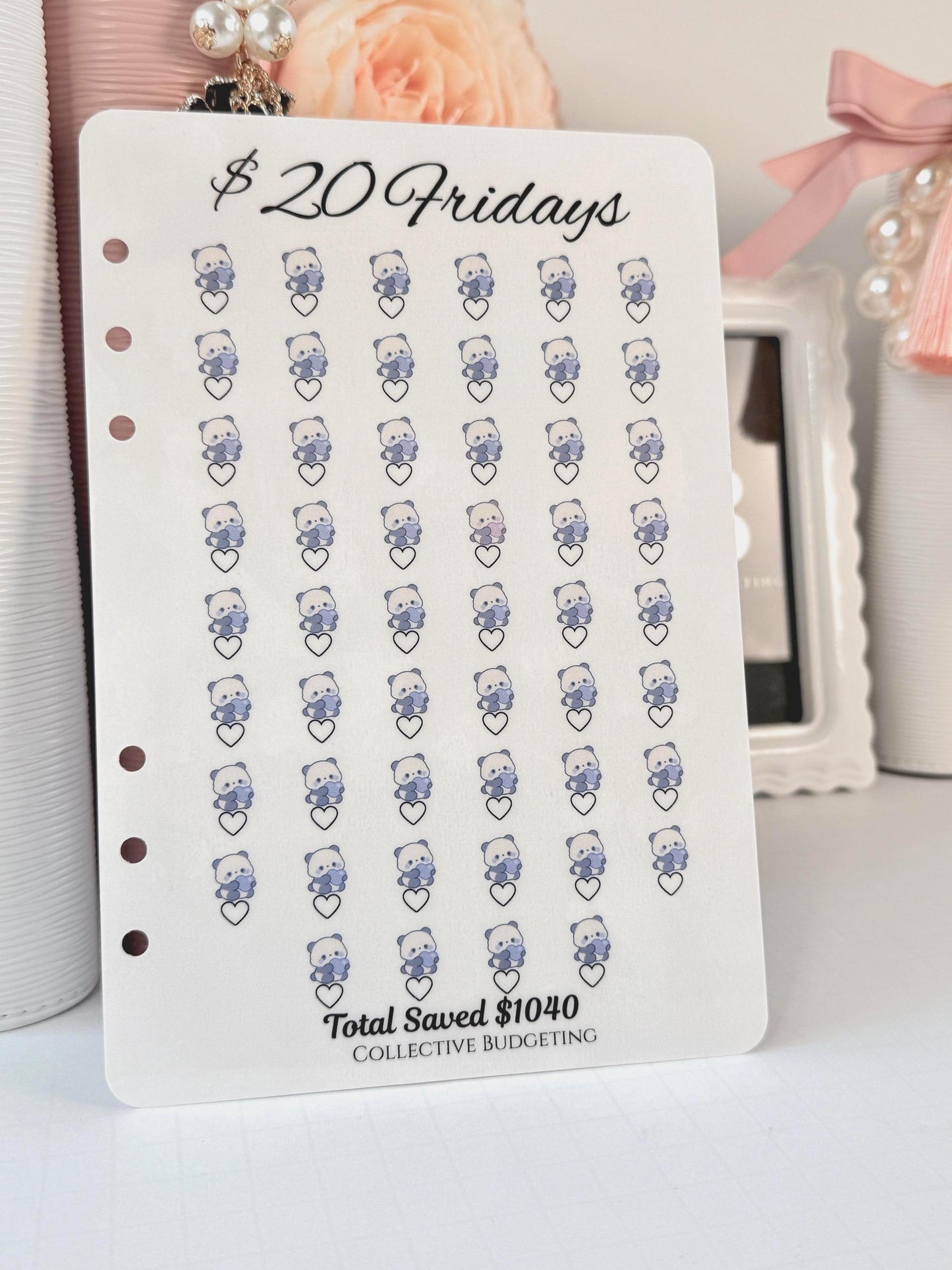 Twenty Dollar Fridays Savings Challenge | Laminated Cash Stuffing Tracker | Panda Bears Pink or Purple