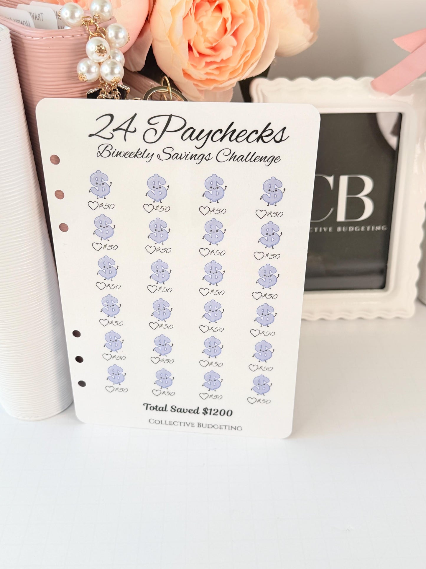 Twenty Four Paychecks BiWeekly Savings Challenge | Laminated Cash Stuffing Tracker | Pink or Purple