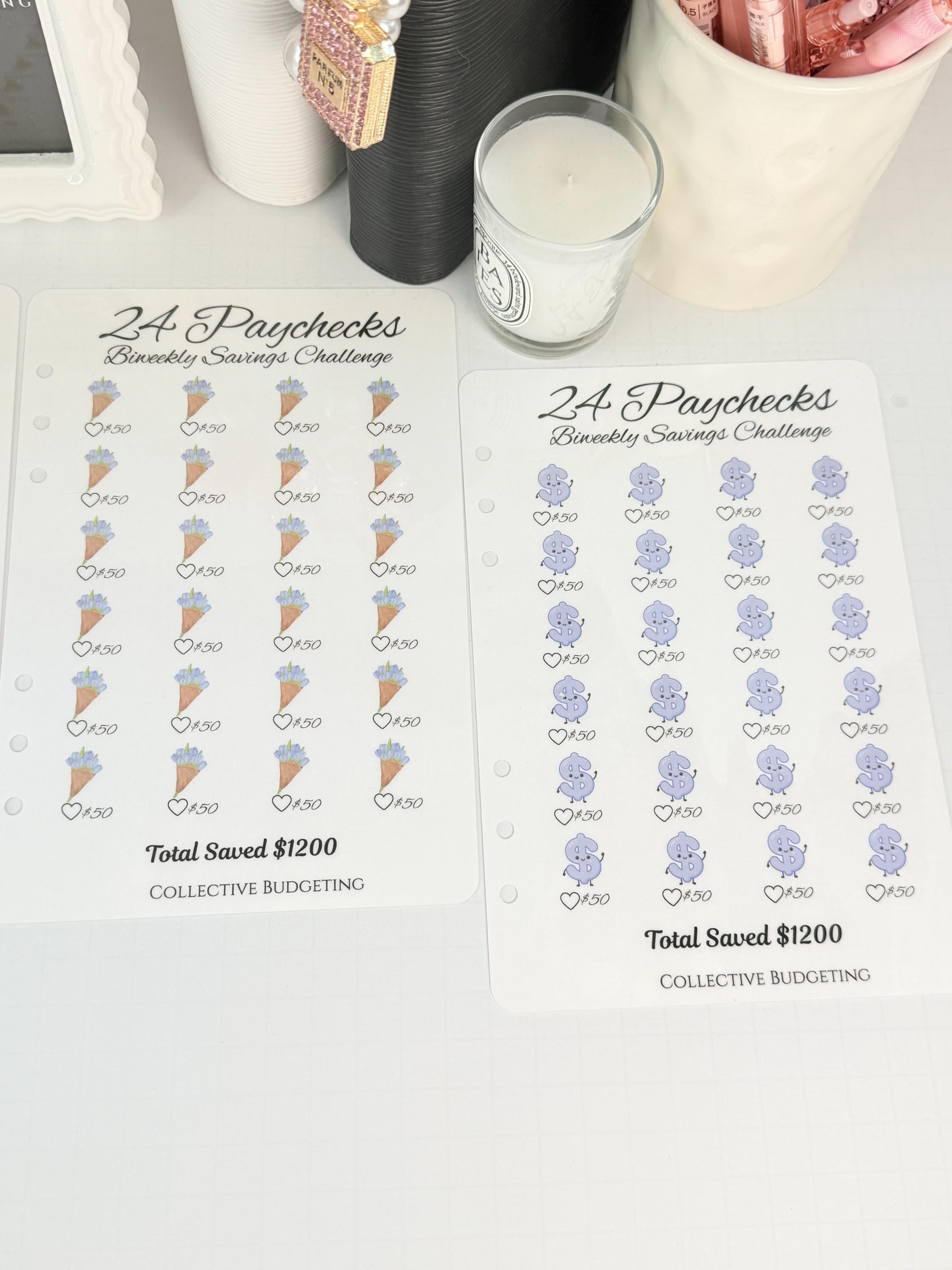 Twenty Four Paychecks BiWeekly Savings Challenge | Laminated Cash Stuffing Tracker | Pink or Purple
