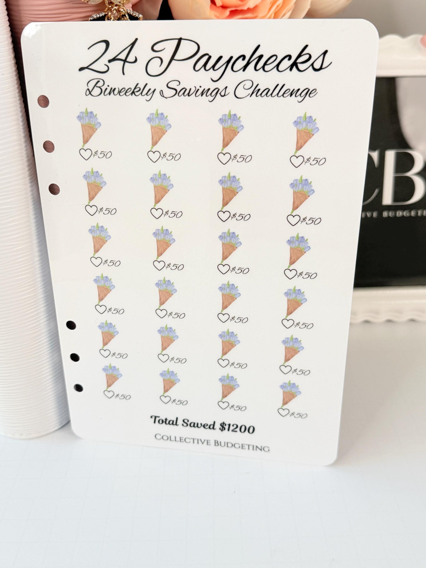 Twenty Four Paychecks BiWeekly Savings Challenge | Laminated Cash Stuffing Tracker | Pink or Purple