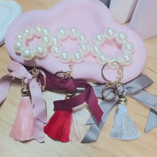 Faux Pearl Bracelet Keychain | Ribbon Tassel Planner Charm