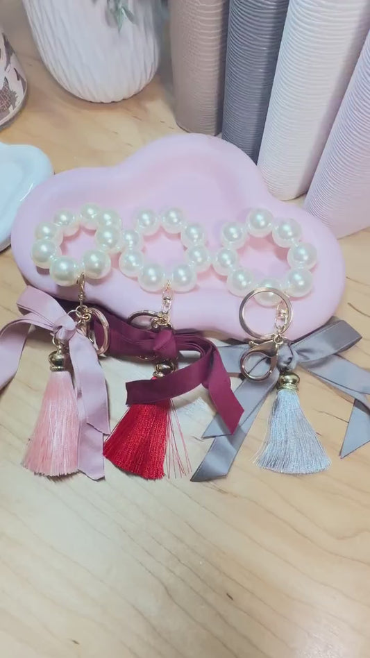 Faux Pearl Bracelet Keychain | Ribbon Tassel Planner Charm