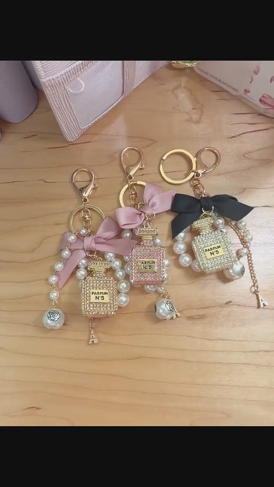 Coco Perfume Bottle Binder Charm | Pearl Bow Keychain | Budget Binder Accessory
