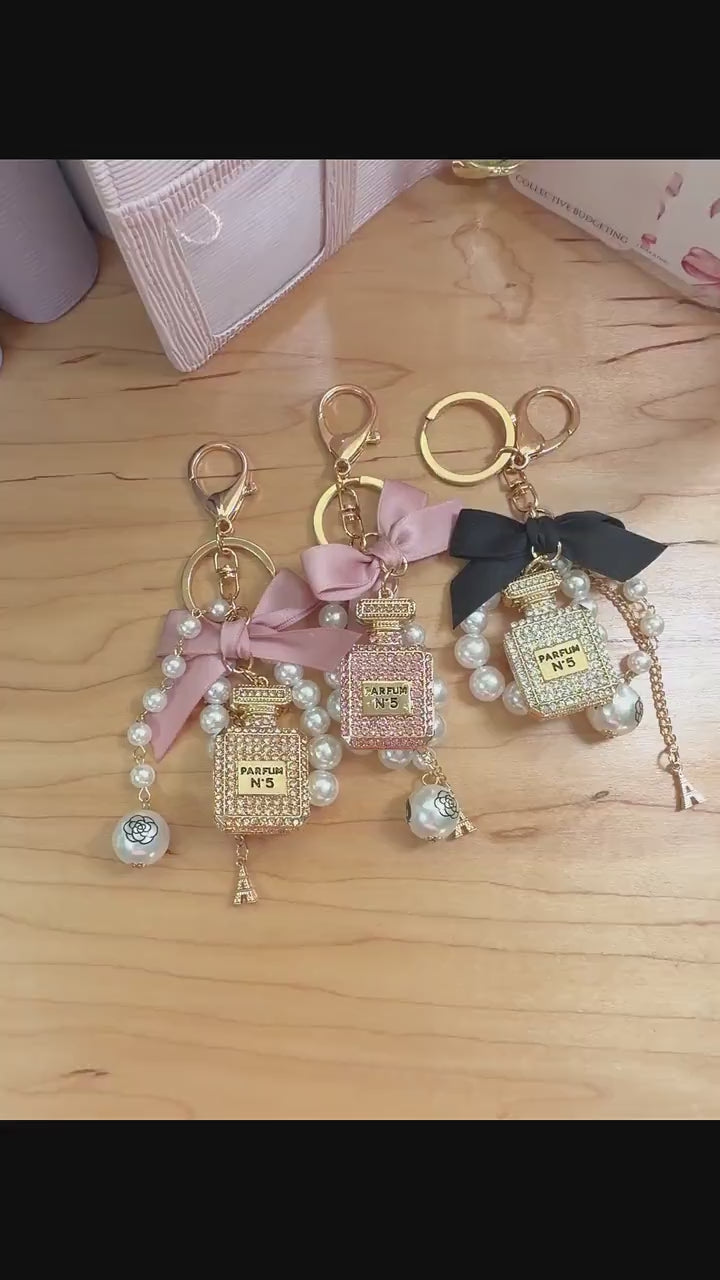 Coco Perfume Bottle Binder Charm | Pearl Bow Keychain | Budget Binder Accessory