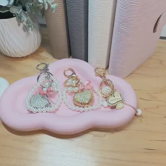 Heart Pendant Keychain | Crystal, Crochet, & Pearl Charm