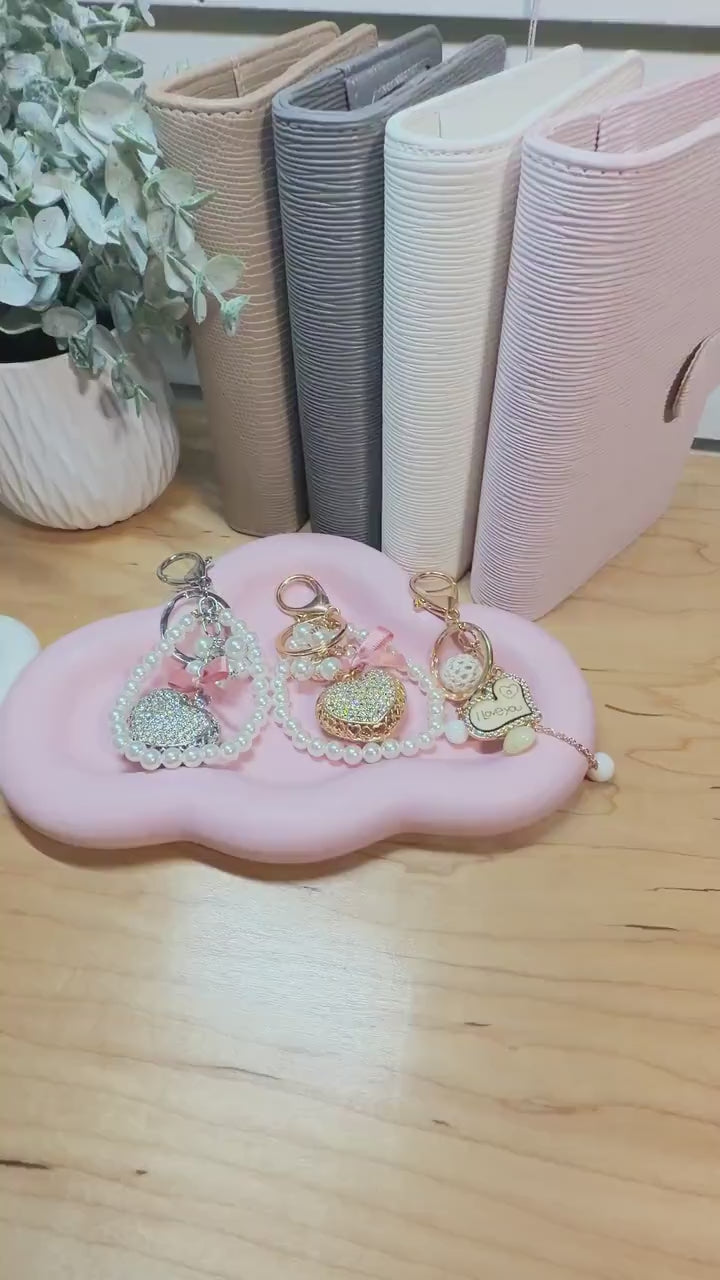 Heart Pendant Keychain | Crystal, Crochet, & Pearl Charm