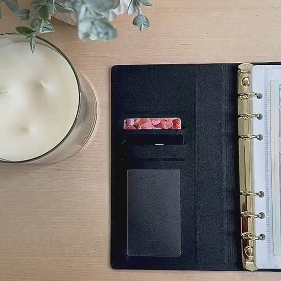 A6 Black Leather Wallet,  Cash Stuffing Envelope Wallet, Budget Organizer, Zipper, and Buckle.