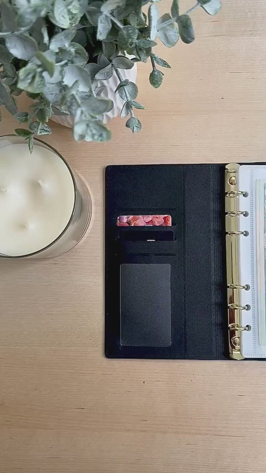 A6 Black Leather Wallet,  Cash Stuffing Envelope Wallet, Budget Organizer, Zipper, and Buckle.