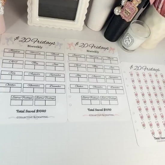 Twenty Dollar Fridays Savings Challenge | Laminated Cash Stuffing Tracker | Panda Bears Pink or Purple