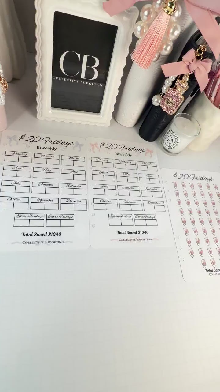 Twenty Dollar Fridays Savings Challenge | Laminated Cash Stuffing Tracker | Panda Bears Pink or Purple